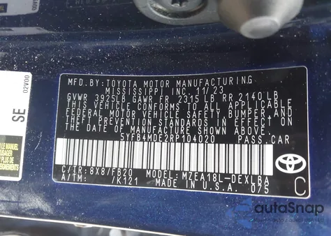 2024 Toyota Corolla Le z USA, uszkodzony, nr VIN 5YFB4MDE2RP104020